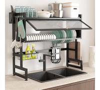 Scolapiatti sopra il lavello, scaffale da cucina a 3 livelli con coperchio ribaltabile, porta utensili, supporto per tagliere e 6 ganci, soluzione salvaspazio per asciugare i piatti