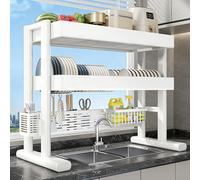 Scolapiatti sopra il lavello, scaffale da cucina a due livelli in acciaio al carbonio, altezza regolabile, adatto per piatti, pentole, spezie(White,83cm/32.7in)