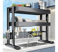 Scolapiatti sopra il lavello, scaffale da cucina a due livelli in acciaio al carbonio, altezza regolabile, adatto per piatti, pentole, spezie(Black,83cm/32.7in)