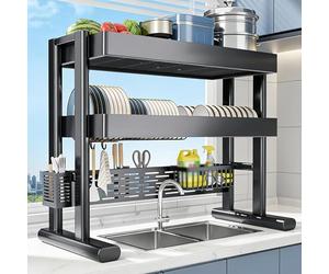 Scolapiatti sopra il lavello, scaffale da cucina a due livelli in acciaio al carbonio, altezza regolabile, adatto per piatti, pentole, spezie(Black,83cm/32.7in)