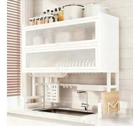 Scolapiatti sopra il lavello, scolapiatti a tre livelli con coperchio, scolapiatti da cucina salvaspazio, adatto per piatti, bicchieri e ciotole(White,85cm/33.5in)