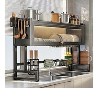 Scolapiatti Sopra Lavello Cucina,Scolapiatti a 2 Livelli in Inox con Ante Battenti Antipolvere,Regolabile in Larghezza e Altezza,Scaffale Portapiatti Ciotole Pentole(95x30x81.5cm/37.4x11.8x32.1in)