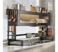 Scolapiatti Sopra Lavello Cucina,Scolapiatti a 2 Livelli in Inox con Ante Battenti Antipolvere,Regolabile in Larghezza e Altezza,Scaffale Portapiatti Ciotole Pentole(65x30x70cm/25.6x11.8x27.6in)