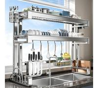 Scolapiatti sopra lavello in acciaio inox, ripiano cucina salvaspazio | Porta stoviglie multilivello con porta coltelli, porta tagliere e ganci per utensili, sistema di asciugatura integrato
