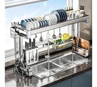 Scolapiatti sopra lavello in acciaio inox, ripiano cucina salvaspazio | Porta stoviglie multilivello con porta coltelli, porta tagliere e ganci per utensili, sistema di asciugatura integrato