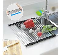 Scolapiatti telescopico da arrotolare, 18 tubi 33 x 29-54 cm cm, per cucina, da usare sopra il lavello, in silicone antiscivolo, multiuso, in acciaio inox