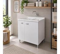 Sconosciuto Yellowshop - Mobile Lavatoio Lavapanni Lavanderia e Bagno In Legno A Due Vasche Bocche Con Anta Ante Mobile Mobiletto Pilozza Lavabo Armadio Bianco Cm 80x60 Altezza 85