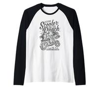 Scooter sulla Spiaggia Retro Vintage Stile Distressed Design Maglia con Maniche Raglan