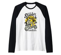 Scooter sulla Spiaggia Retro Vintage Stile Distressed Design Maglia con Maniche Raglan