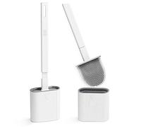 Scopino per WC, set da 2 scopini e portascopini in silicone con manico lungo in plastica antiscivolo e setole morbide flessibili, scopino per WC con supporti e base antigoccia (bianco)