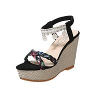 Scopri sandali eleganti da donna da indossare tutti i giorni, perfetti per il lavoro e gli appuntamenti, con pizzo e tacchi aperti e comode cinghie elasticizzate. Calzature ideali per l'estate., Nero