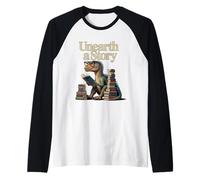 Scoprire Un Dinosauro di Storia Che Legge Un Libro della Biblioteca Maglia con Maniche Raglan