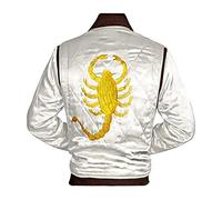 Scorpion Design Drive Bomber Stile Gosling Halloween Giacca da uomo, White & Golden Scorpion - Giacca in raso, M