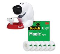 Scotch Dispenser Cane per Nastro Adesivo Piccolo, Colore Bianco con Base Rossa + Scotch Nastro adesivo Magic - 6 Rotoli - Nastro Trasparente Opaco e Scrivibile Ottimo per Casa, Ufficio e Scuola
