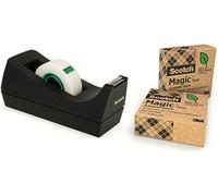 Scotch Dispenser Nero- 100% Plastica Riciclata- Include 3 rotoli Nastro Adesivo Invisibile Scotch Magic Green, 19 mm x 33-Multiuso per Casa, Ufficio e Scuola-