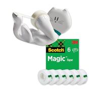 Scotch Magic Tape Dispenser Ricaricabile Gadget Gatto con 1 Rotolo Magic Tape Incluso - Cancelleria Kawaii + Scotch Nastro adesivo Magic - 6 Rotoli da 19 mm x 33 m