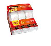 Scotch Nastro Adesivo Trasparente Multiuso, Confezione Multipla da 3 Rotoli Crystal Tape per Pacchi, 2 + 1 Dispenser di Nastro Adesivo a Lunga Tenuta per Carta, Cartone 19 mm x 7.5 m