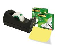 Scotch Dispenser da Tavolo per Nastro Adesivo, Porta Nastro Adesivo con 3 Rotoli di Scotch Magic Trasparente 19 x 33 m, Base Appesantita, Nero