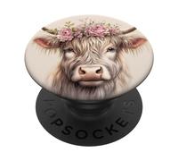 Scottish Highland Cow With Flower Crown For Animal Lover PopSockets PopGrip Adesivo