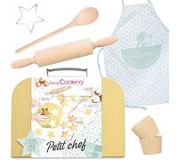 SCRAP COOKING 1138 - Valigetta piccolo chef con rullo per pasticceria e cucchiaio in legno, scatole, taglierina, grembiule in cotone, valigetta per bambini piccoli