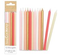 ScrapCooking 0359 - Candele lunghe rosa e oro, 12 candele dorate, rosa pastello, corallo e bianco per torta di compleanno, decorazione per bambini adulti, in paraffina con picchi