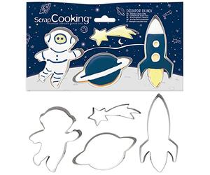 ScrapCooking 2084-4 Stampi per Biscotti Spaziali - in acciaio inox, astronauta, stella cadente, razzo, pianeta, stampi piccoli dolci, accessori per pasticceria compleanno