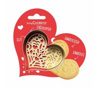 ScrapCooking - Kit taglierina + goffratore a forma di cuore, in acciaio inox, per biscotti in rilievo, stampo accessori pasticceria sabbiata, amore San Valentino - 2095