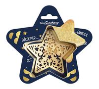 ScrapCooking - Kit taglierina + goffratrice in legno a stella - Stampini natalizi in acciaio inox per biscotti in rilievo - Stampo per pasticceria frolla - 2090