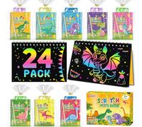 Scratch Art Bambini - Gadget Compleanno Bambini, 24 Set con Dinosauri Quaderno da Grattare, Stencil e Penne in Legno, Regalini Fine Festa Compleanno, Lavoretti Creativi per 3-12 Anni