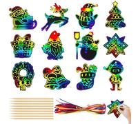Scratch Art Natale, 48pcs Scratch Art Bambini, Carta Arcobaleno da Grattare, Graffiare l'Arte, 48 Nastri e 24 Bastoncini di Bambù, Accessori per Feste di Natale da Appendere all'Albero di Natale