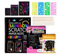 Scratch Art Notes per Bambini, Set di 3 Blocco da Disegno Arcobaleno Scratch Paper con 6 Penne Stilografiche In Legno e 4 Righelli Da Disegno per Disegni, Giochi e Scrittura
