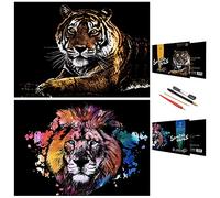 Scratch Painting Art Paper, Scratchboard Serie di Animali per Bambini e Adulti, Kit per Regali e Arti con 4 Strumenti, Dimensioni: 16''x11'' (Tigre e Leone)