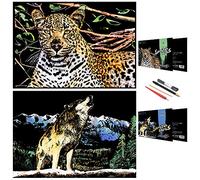Scratch Painting Art Paper, Serie di Animali Scratchboard per Bambini e Adulti, Kit per Regali e Arti con 4 Strumenti, Dimensioni: 16''x11'' (Lupo e Ghepardo)