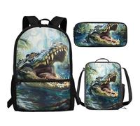 SCRAWLGOD Zaino e portapranzo per ragazze e bambini, zaino per la scuola secondaria, set di libri per bambini, Crocodile Cool, Taglia unica, Zaini Daypack