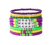 SCRDPRAD Braccialetto multistrato fatto a mano per uomo e donna colorato Mardi Gras Clay Bead impilabile braccialetto elastico pupilla oro verde carnevale regali, middle, Acrilico, Nessuna pietra