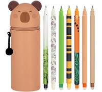 Scribbelfein Kawaii - Custodia per scuola 2 in 1, in morbido silicone + 4 penne cancellabili multicolore - Tigre, portapenne impermeabile con cerniera, set di forniture per la scuola, 0,7 mm, giallo