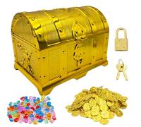 Scrigno del tesoro per bambini con serratura e chiave con 50 monete d'oro e 100 pietre preziose per caccia al tesoro e feste pirata