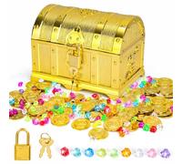 Scrigno del tesoro per il compleanno dei bambini, con serratura e chiave, 50 monete d'oro per bambini e 100 pietre preziose per bambini, tesoro dei pirati per conservare e decorare