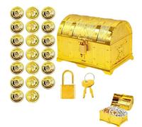 Scrigno del tesoro per il compleanno dei bambini, scrigno del tesoro per bambini, set decorativo per bambini e pirati, include un forziere del tesoro dorato (14 x 9,7 x 9,5 cm), 20 monete dorate un