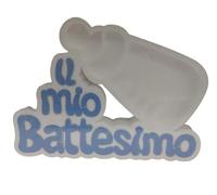 Scritta il Mio Battesimo Celeste in polistirolo e portaconfetti Biberon, misura 34 x 28 cm