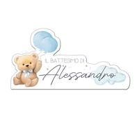 Scritta in MDF a tema Teddy celeste personalizzabile con nome 40 cm h 15 cm circa con base da appendere o da appoggio grazie al supporto per il battesimo del tuo bambino