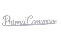 Scritta in Plexiglass PRIMA COMUNIONE con Basetta, Colore Bianco, Lunga 40 cm. Altezza 7 cm.