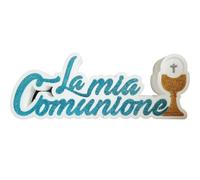Scritta Prima Comunione POLISTIROLO con calice Glitter Celeste centro tavola