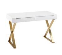 Scrivania 118 x 76 x 57 cm, in legno lucido, con gambe in metallo dorato, design moderno, consolle e cassetti