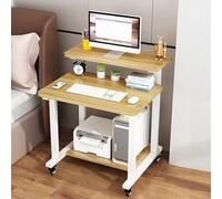Scrivania a 3 ripiani con supporto per monitor, tavolo per computer mobile per piccoli spazi, finitura noce chiaro, mensola portaoggetti compatta per PC portatile L 60 cm/24
