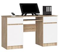 Scrivania A5 Con Ripiano per Tastiera | Office Desk | 2 Cassetti e 2 Ripiani ad Anta | Scrittoio per Ufficio | Per Computer PC Laptop | L135 x H77 x P50 cm, 58 kg | Rovere Sonoma/Bianco