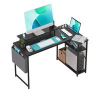 Scrivania angolare a L, 100/120 × 70 cm, con 2 ripiani, presa elettrica integrata e tasca laterale in tessuto, salvaspazio, ideale per gaming e ufficio, facile da montare