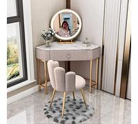 Scrivania angolare compatta con specchio e sgabello, tavolo da trucco con 5 cassetti, elegante mobile bianco per camera da letto, finitura grigia