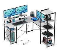 Scrivania Angolare Con Presa Elettrica E Usb, Scaffale E Supporto Per Monitor, Bianco E Nero