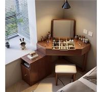 Scrivania angolare in legno massello con specchio ribaltabile, cassetti e sgabello, piccolo spazio per la toletta per camera da letto, elegante stazione di trucco.